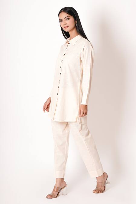 Kameez_Off White Cotton Collared Pearl Shirt Kurta And Pant Co-ord Set_Online_at_Aza_Fashions