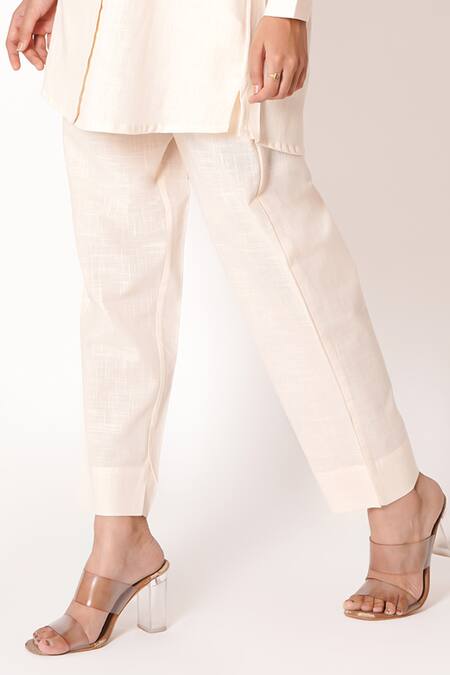 Buy_Kameez_Off White Cotton Collared Pearl Shirt Kurta And Pant Co-ord Set_Online_at_Aza_Fashions