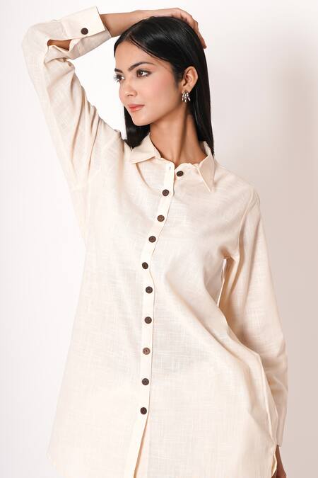 Shop_Kameez_Off White Cotton Collared Pearl Shirt Kurta And Pant Co-ord Set_Online_at_Aza_Fashions