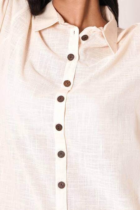 Kameez_Off White Cotton Collared Pearl Shirt Kurta And Pant Co-ord Set_at_Aza_Fashions