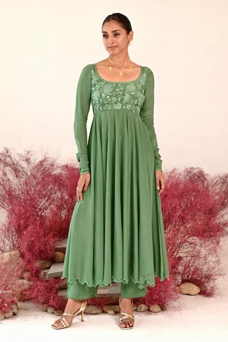 Baise Gaba_Green Crepe, Organza Embroidery Round Neck Manohari Floral Anarkali Set _Online_at_Aza_Fashions