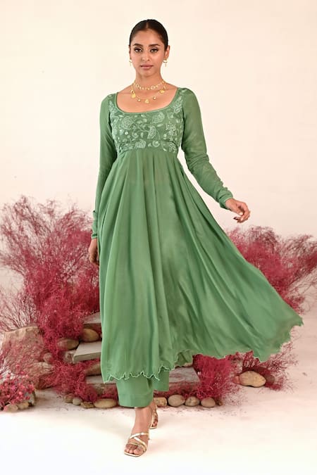 Buy_Baise Gaba_Green Crepe, Organza Embroidery Round Neck Manohari Floral Anarkali Set _Online_at_Aza_Fashions