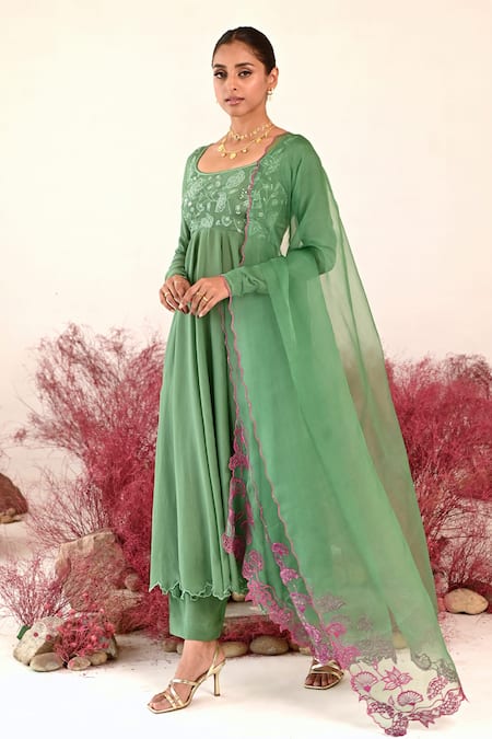 Baise Gaba_Green Crepe, Organza Embroidery Round Neck Manohari Floral Anarkali Set _at_Aza_Fashions