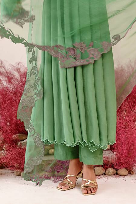 Buy_Baise Gaba_Green Crepe, Organza Embroidery Round Neck Manohari Floral Anarkali Set 