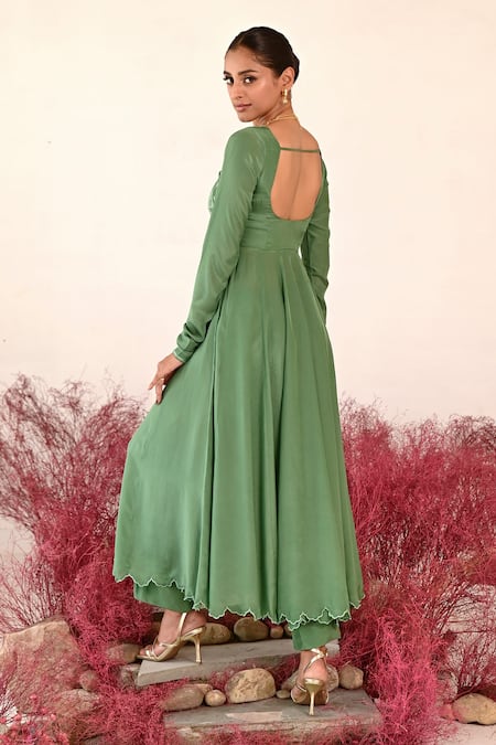 Shop Baise Gaba Green Crepe Embroidery Round Neck Manohari Floral Anarkali at Aza Fashions Shop_Baise Gaba_Green Crepe Embroidery Round Neck Manohari Floral Anarkali _at_Aza_Fashions