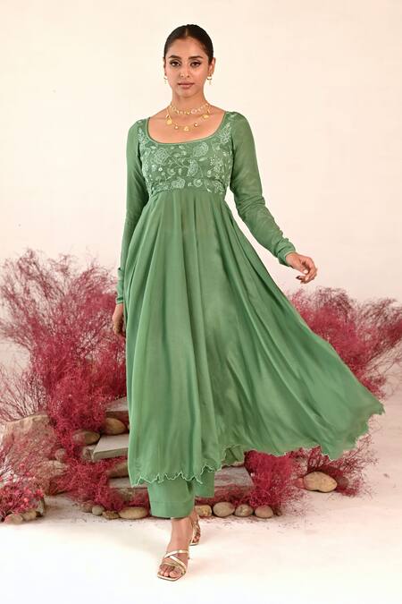 Buy Baise Gaba Green Crepe Embroidery Round Neck Manohari Floral Anarkali Online at Aza Fashions Buy_Baise Gaba_Green Crepe Embroidery Round Neck Manohari Floral Anarkali _Online_at_Aza_Fashions