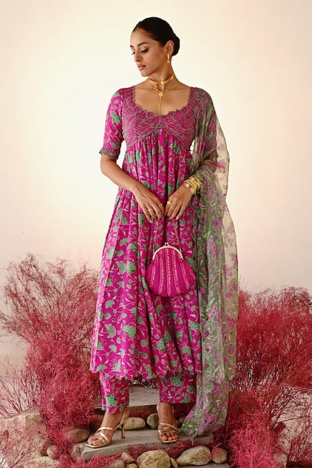 Baise Gaba Magenta Anarkali And Pant Crepe Embroidered Floral V Neck Gulnaaz Set