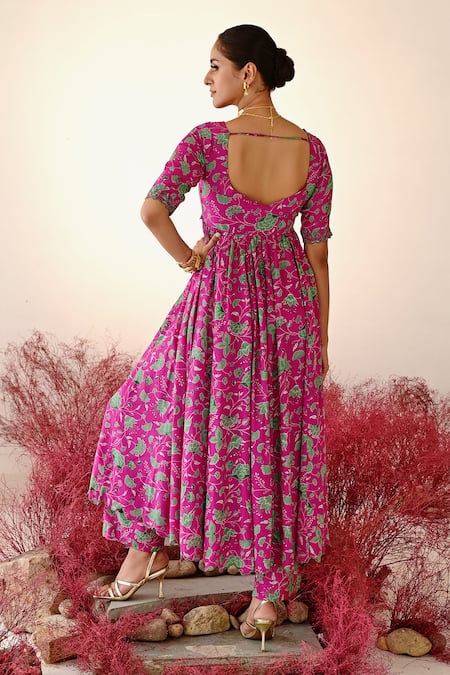 Shop_Baise Gaba_Magenta Crepe, Organza Embroidery V-neck Gulnaaz Floral Anarkali Set _at_Aza_Fashions