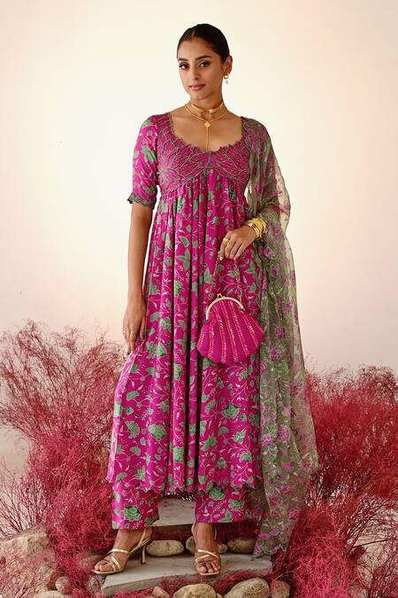 Buy_Baise Gaba_Magenta Crepe, Organza Embroidery V-neck Gulnaaz Floral Anarkali Set _Online_at_Aza_Fashions