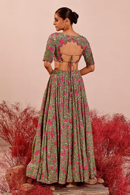 Shop Baise Gaba Green Crepe, Organza Embroidery V-neck Liuora Floral Lehenga Set at Aza Fashions Shop_Baise Gaba_Green Crepe, Organza Embroidery V-neck Liuora Floral Lehenga Set _at_Aza_Fashions