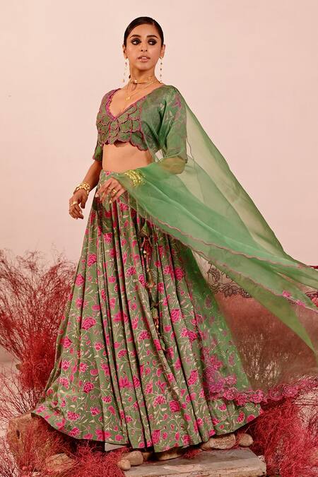 Buy Baise Gaba Green Crepe, Organza Embroidery V-neck Liuora Floral Lehenga Set Online at Aza Fashions Buy_Baise Gaba_Green Crepe, Organza Embroidery V-neck Liuora Floral Lehenga Set _Online_at_Aza_Fashions