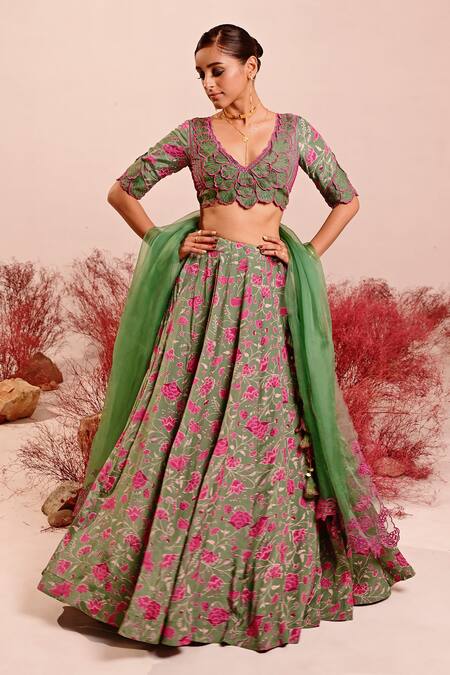 Shop Baise Gaba Green Crepe, Organza Embroidery V-neck Liuora Floral Lehenga Set Online at Aza Fashions Shop_Baise Gaba_Green Crepe, Organza Embroidery V-neck Liuora Floral Lehenga Set _Online_at_Aza_Fashions