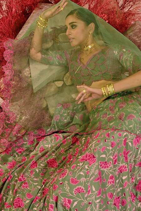 Buy Baise Gaba Green Crepe, Organza Embroidery V-neck Liuora Floral Lehenga Set Buy_Baise Gaba_Green Crepe, Organza Embroidery V-neck Liuora Floral Lehenga Set
