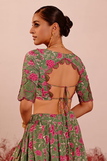Shop Baise Gaba Green Crepe Embroidery V-neck Farah Floral Blouse at Aza Fashions Shop_Baise Gaba_Green Crepe Embroidery V-neck Farah Floral Blouse _at_Aza_Fashions