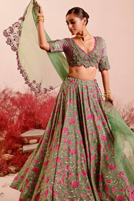 Buy Baise Gaba Green Crepe Embroidery V-neck Farah Floral Blouse Online at Aza Fashions Buy_Baise Gaba_Green Crepe Embroidery V-neck Farah Floral Blouse _Online_at_Aza_Fashions