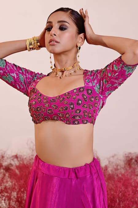 Shop_Baise Gaba_Magenta Crepe Embroidery Sweetheart Neck Sohni Floral Blouse _Online_at_Aza_Fashions