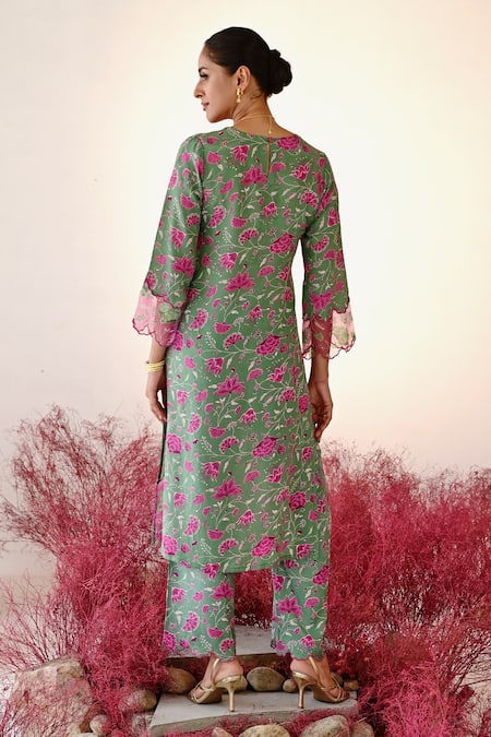 Shop Baise Gaba Green Crepe, Organza Embroidery Collared Shabana Floral Straight Kurta Set at Aza Fashions Shop_Baise Gaba_Green Crepe, Organza Embroidery Collared Shabana Floral Straight Kurta Set _at_Aza_Fashions