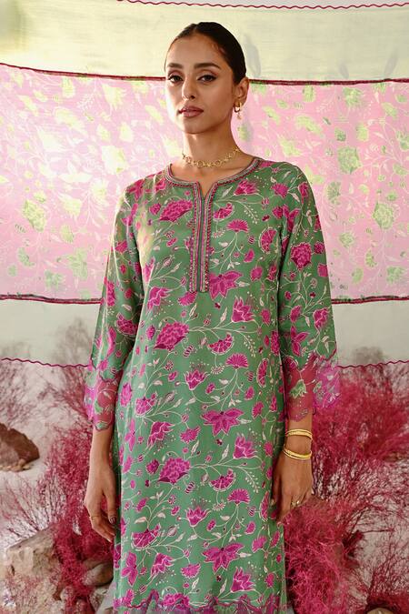 Shop Baise Gaba Green Crepe, Organza Embroidery Collared Shabana Floral Straight Kurta Set Online at Aza Fashions Shop_Baise Gaba_Green Crepe, Organza Embroidery Collared Shabana Floral Straight Kurta Set _Online_at_Aza_Fashions
