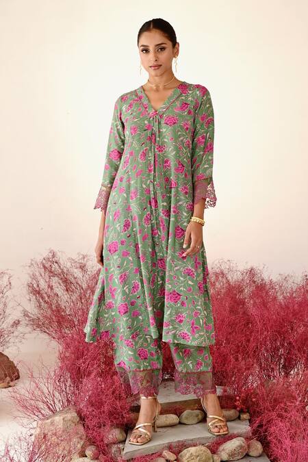 Buy Baise Gaba Green Crepe, Organza Embroidery V-neck Mohak Floral A-line Kurta Set Online at Aza Fashions Buy_Baise Gaba_Green Crepe, Organza Embroidery V-neck Mohak Floral A-line Kurta Set _Online_at_Aza_Fashions