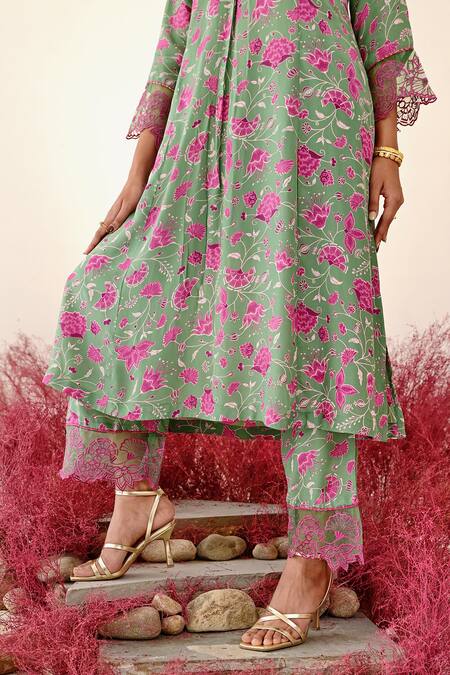 Shop Baise Gaba Green Crepe, Organza Embroidery V-neck Mohak Floral A-line Kurta Set Online at Aza Fashions Shop_Baise Gaba_Green Crepe, Organza Embroidery V-neck Mohak Floral A-line Kurta Set _Online_at_Aza_Fashions