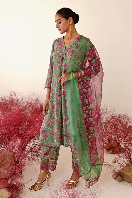 Buy Baise Gaba Green Crepe, Organza Embroidery V-neck Mohak Floral A-line Kurta Set Buy_Baise Gaba_Green Crepe, Organza Embroidery V-neck Mohak Floral A-line Kurta Set