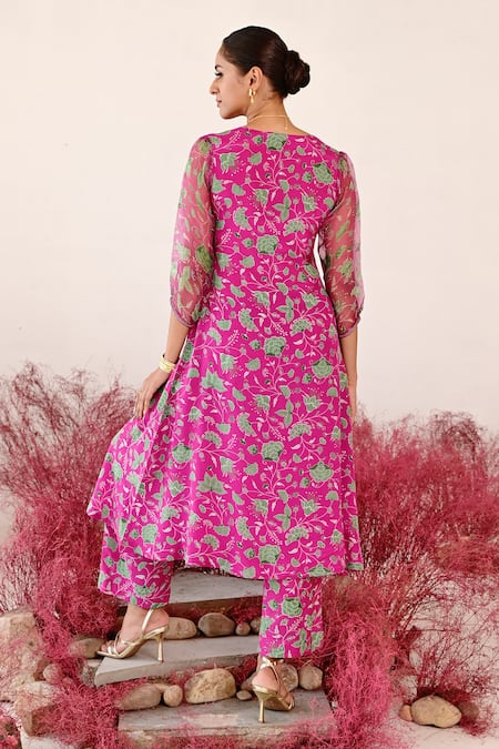Shop Baise Gaba Magenta Crepe, Organza Embroidery V-neck Leela Floral A-line Kurta Set at Aza Fashions Shop_Baise Gaba_Magenta Crepe, Organza Embroidery V-neck Leela Floral A-line Kurta Set _at_Aza_Fashions