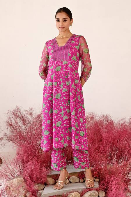 Buy Baise Gaba Magenta Crepe, Organza Embroidery V-neck Leela Floral A-line Kurta Set Online at Aza Fashions Buy_Baise Gaba_Magenta Crepe, Organza Embroidery V-neck Leela Floral A-line Kurta Set _Online_at_Aza_Fashions