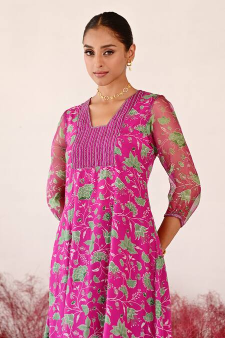 Shop Baise Gaba Magenta Crepe, Organza Embroidery V-neck Leela Floral A-line Kurta Set Online at Aza Fashions Shop_Baise Gaba_Magenta Crepe, Organza Embroidery V-neck Leela Floral A-line Kurta Set _Online_at_Aza_Fashions