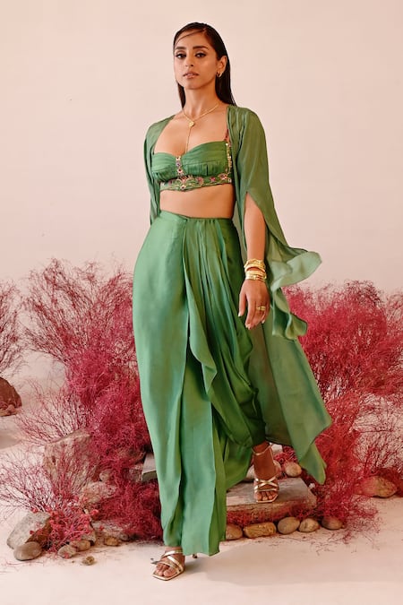 Shop Baise Gaba Green Satin, Organza, Crepe Embroidery Sweetheart Rehana Solid Cape Skirt Set at Aza Fashions Shop_Baise Gaba_Green Satin, Organza, Crepe Embroidery Sweetheart Rehana Solid Cape Skirt Set _at_Aza_Fashions