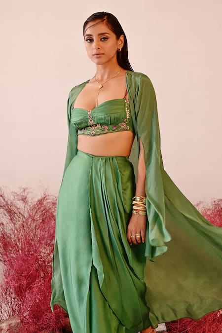 Baise Gaba Green Satin, Organza, Crepe Embroidery Sweetheart Rehana Solid Cape Skirt Set Online at Aza Fashions Baise Gaba_Green Satin, Organza, Crepe Embroidery Sweetheart Rehana Solid Cape Skirt Set _Online_at_Aza_Fashions