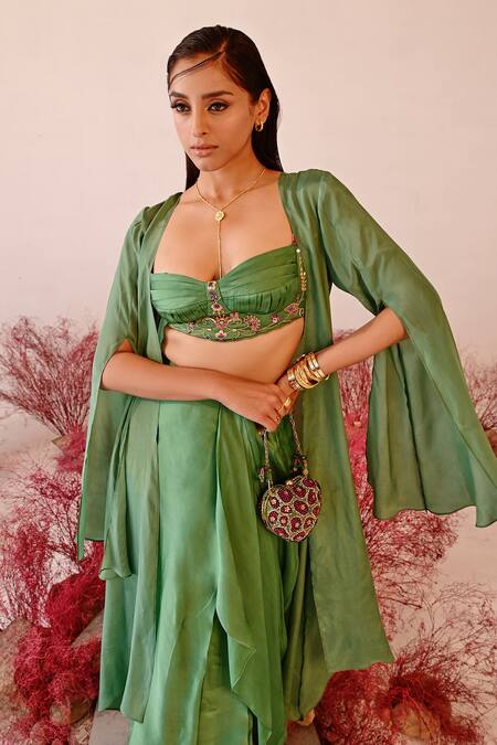 Baise Gaba Green Satin, Organza, Crepe Embroidery Sweetheart Rehana Solid Cape Skirt Set at Aza Fashions Baise Gaba_Green Satin, Organza, Crepe Embroidery Sweetheart Rehana Solid Cape Skirt Set _at_Aza_Fashions