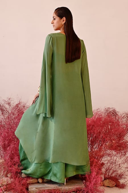 Shop Baise Gaba Green Satin, Organza, Crepe Embroidery Sweetheart Ishrat Solid Cape Sharara Set at Aza Fashions Shop_Baise Gaba_Green Satin, Organza, Crepe Embroidery Sweetheart Ishrat Solid Cape Sharara Set _at_Aza_Fashions