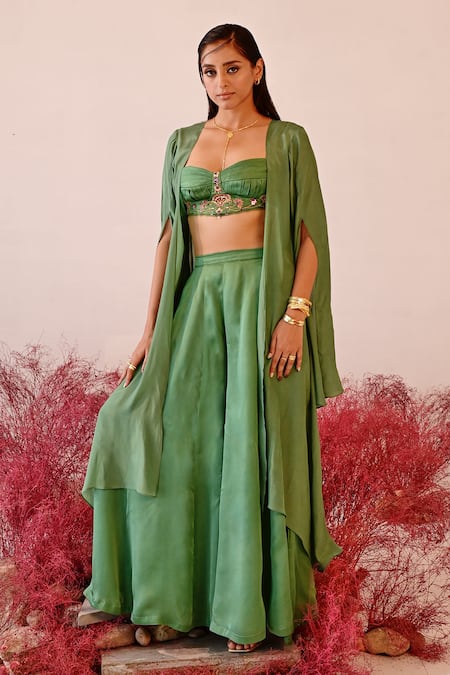 Baise Gaba Green Satin, Organza, Crepe Embroidery Sweetheart Ishrat Solid Cape Sharara Set Online at Aza Fashions Baise Gaba_Green Satin, Organza, Crepe Embroidery Sweetheart Ishrat Solid Cape Sharara Set _Online_at_Aza_Fashions