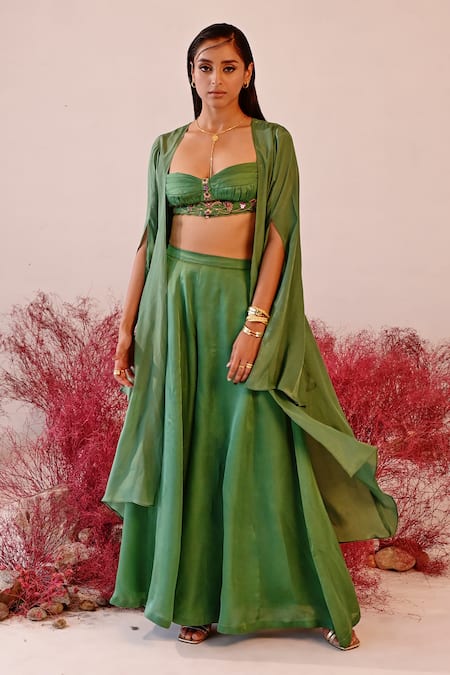 Buy Baise Gaba Green Satin, Organza, Crepe Embroidery Sweetheart Ishrat Solid Cape Sharara Set Online at Aza Fashions Buy_Baise Gaba_Green Satin, Organza, Crepe Embroidery Sweetheart Ishrat Solid Cape Sharara Set _Online_at_Aza_Fashions