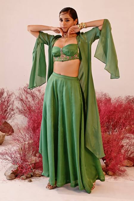 Shop Baise Gaba Green Satin, Organza, Crepe Embroidery Sweetheart Ishrat Solid Cape Sharara Set Online at Aza Fashions Shop_Baise Gaba_Green Satin, Organza, Crepe Embroidery Sweetheart Ishrat Solid Cape Sharara Set _Online_at_Aza_Fashions