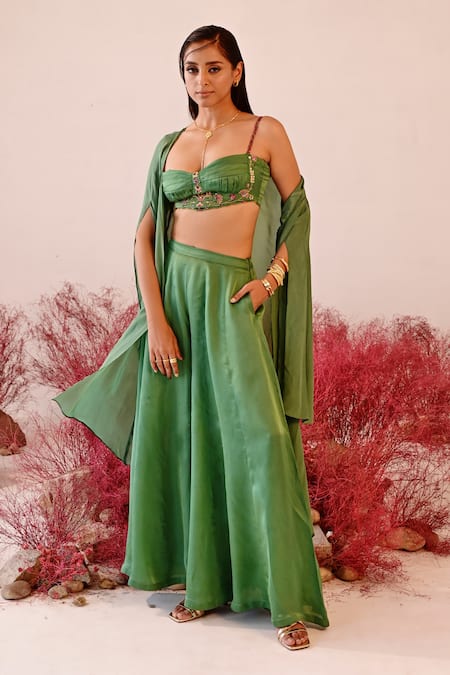 Baise Gaba Green Satin, Organza, Crepe Embroidery Sweetheart Ishrat Solid Cape Sharara Set at Aza Fashions Baise Gaba_Green Satin, Organza, Crepe Embroidery Sweetheart Ishrat Solid Cape Sharara Set _at_Aza_Fashions