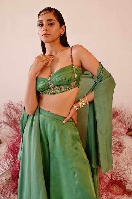 Buy Baise Gaba Green Satin, Organza, Crepe Embroidery Sweetheart Ishrat Solid Cape Sharara Set Buy_Baise Gaba_Green Satin, Organza, Crepe Embroidery Sweetheart Ishrat Solid Cape Sharara Set