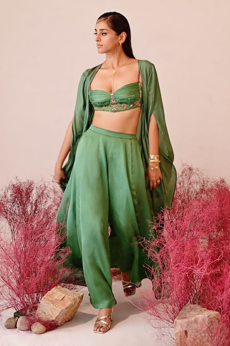 Shop Baise Gaba Green Satin, Organza, Crepe Embroidery Sweetheart Ishrat Solid Cape Sharara Set Shop_Baise Gaba_Green Satin, Organza, Crepe Embroidery Sweetheart Ishrat Solid Cape Sharara Set