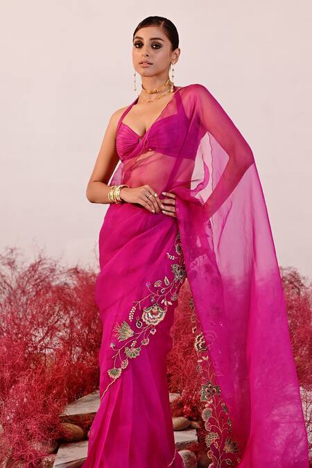 Buy_Baise Gaba_Magenta Organza, Crepe Embroidery Dastaan Floral Saree _Online_at_Aza_Fashions