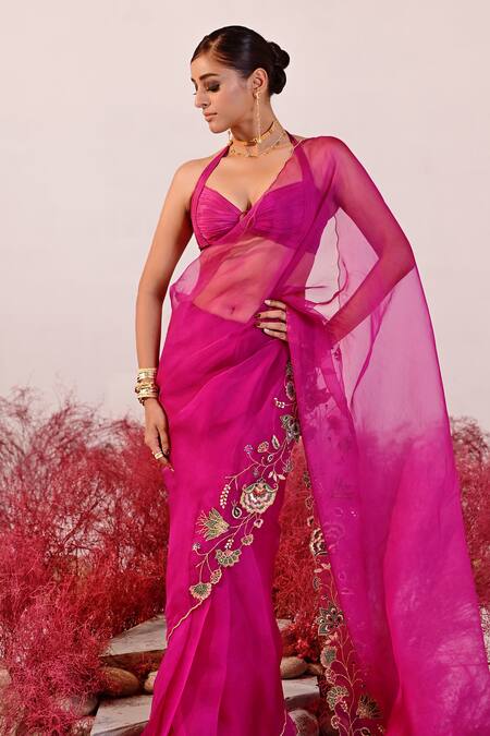 Shop_Baise Gaba_Magenta Organza, Crepe Embroidery Dastaan Floral Saree _Online_at_Aza_Fashions