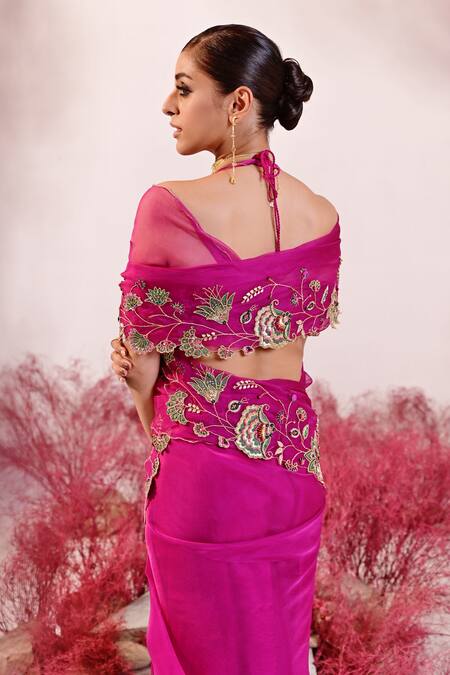Baise Gaba_Magenta Organza, Crepe Embroidery Dastaan Floral Saree _at_Aza_Fashions