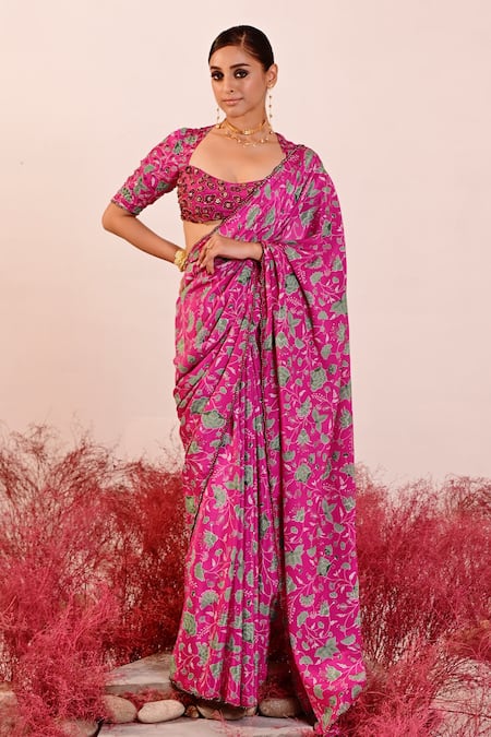 Baise Gaba_Magenta Organza, Crepe Embroidery Florina Floral Saree _Online_at_Aza_Fashions