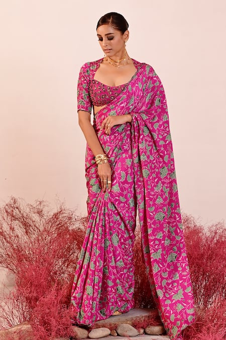 Buy_Baise Gaba_Magenta Organza, Crepe Embroidery Florina Floral Saree _Online_at_Aza_Fashions