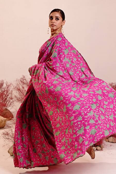 Baise Gaba_Magenta Organza, Crepe Embroidery Florina Floral Saree _at_Aza_Fashions