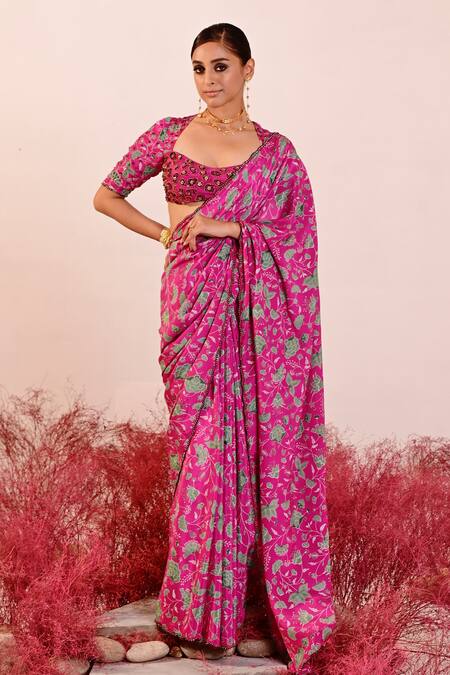 Baise Gaba_Magenta Organza, Crepe Embroidery Square Neck Florina Floral Saree With Blouse _Online_at_Aza_Fashions