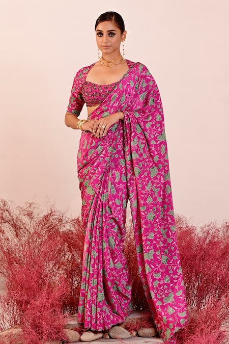 Buy_Baise Gaba_Magenta Organza, Crepe Embroidery Square Neck Florina Floral Saree With Blouse _Online_at_Aza_Fashions