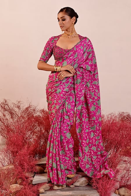 Shop_Baise Gaba_Magenta Organza, Crepe Embroidery Square Neck Florina Floral Saree With Blouse _Online_at_Aza_Fashions