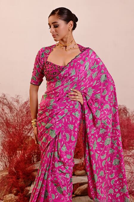 Baise Gaba_Magenta Organza, Crepe Embroidery Square Neck Florina Floral Saree With Blouse _at_Aza_Fashions