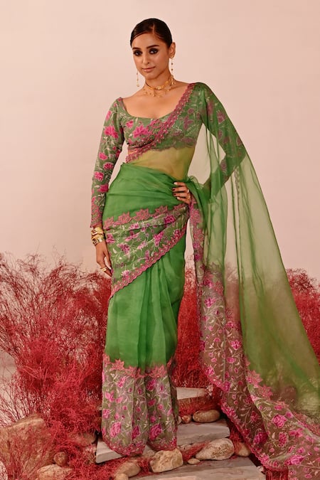Baise Gaba Green Crepe Embroidered Floral Leaf Neck Deviana Saree 