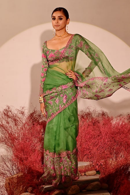 Baise Gaba_Green Organza, Crepe Embroidery Deviana Floral Saree _Online_at_Aza_Fashions